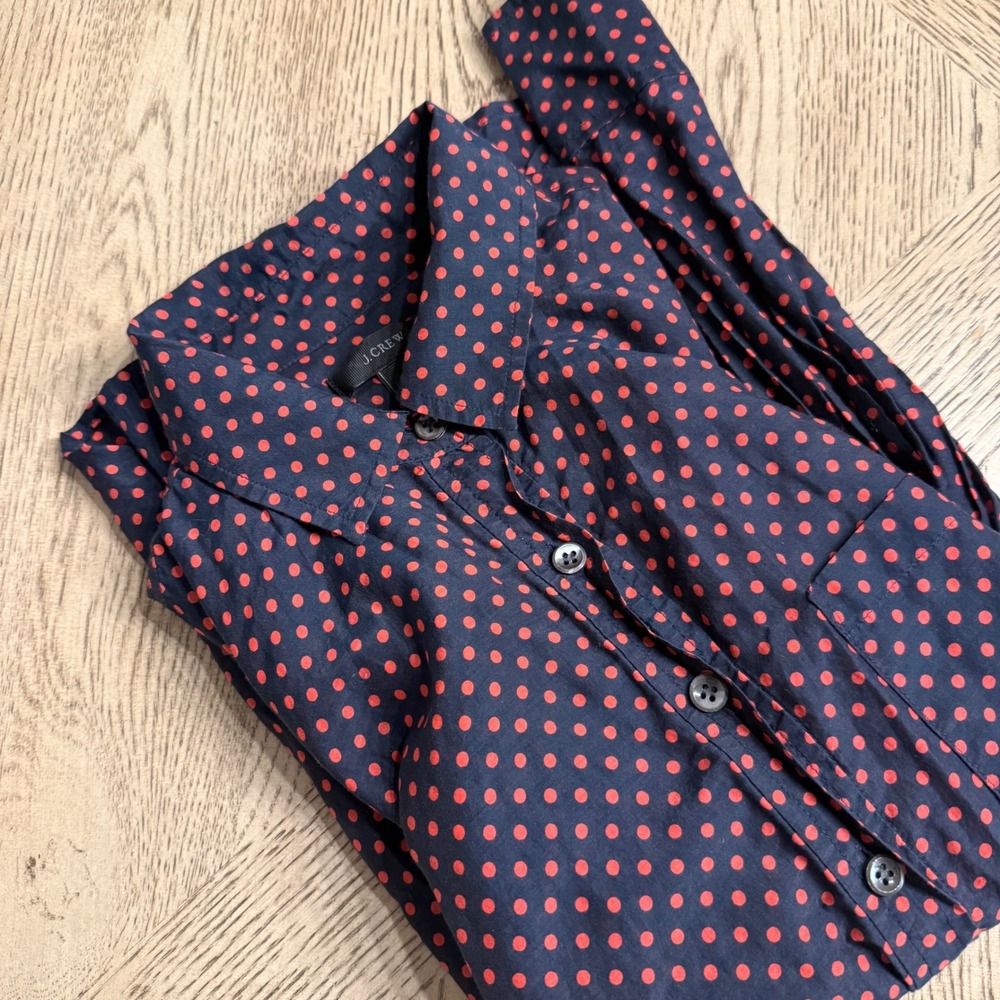J.Crew Navy Blue Red Polka Dot Popover Shirt Womens Size‎ 0 Cotton Silk Blouse